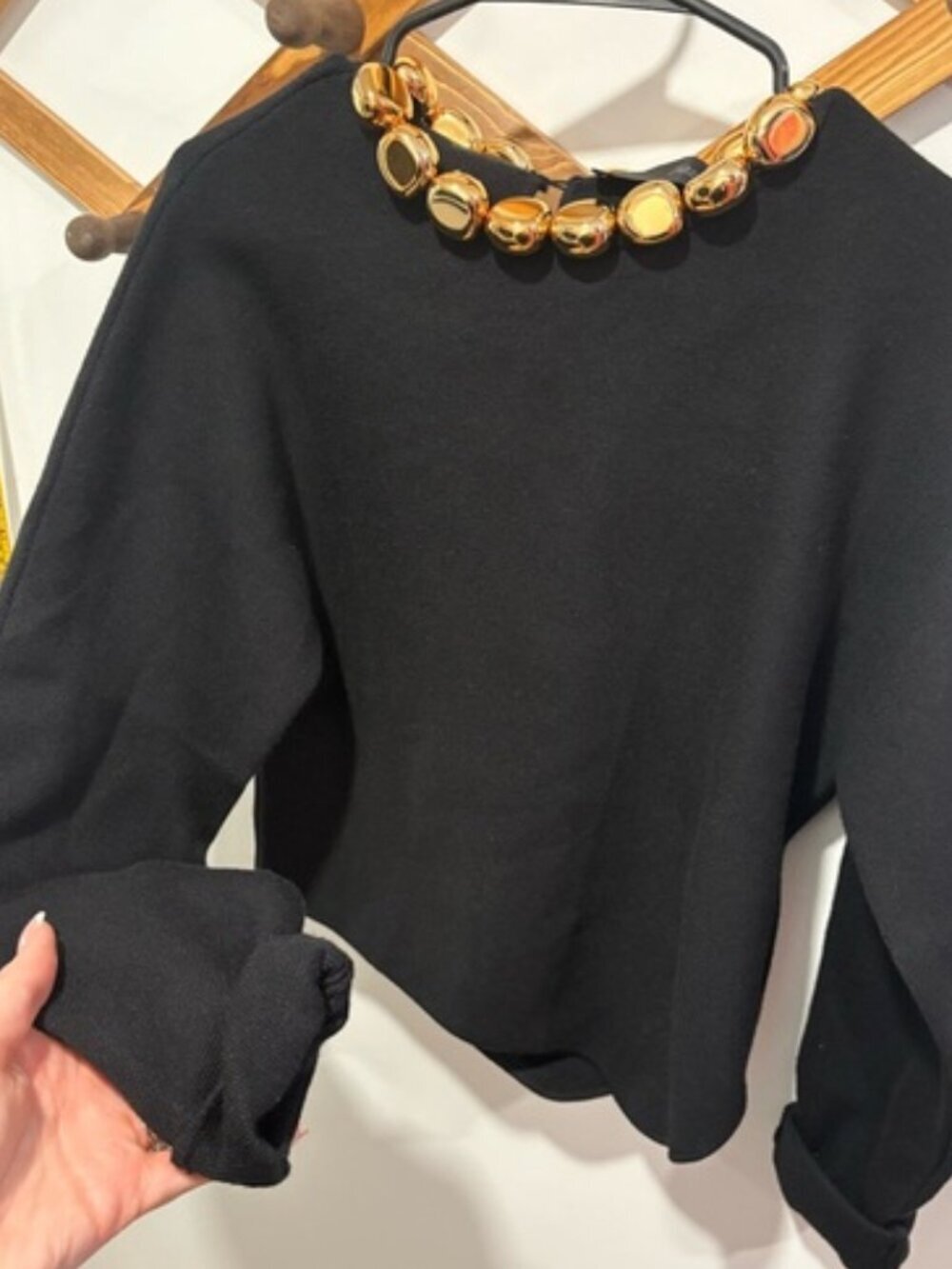 Zara Black Knit Long Sleeve Top Gold Hardware Collar Accent M